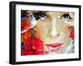 Freehand Painted Bright Color Composition with a Female Face-A Frants-Framed Art Print