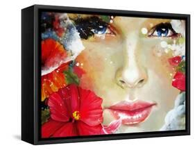 Freehand Painted Bright Color Composition with a Female Face-A Frants-Framed Stretched Canvas