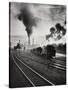 Freight Train in Front of Smoking Chimney Stacks, Nostalgia-null-Stretched Canvas