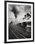 Freight Train in Front of Smoking Chimney Stacks, Nostalgia-null-Framed Premium Photographic Print