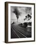 Freight Train in Front of Smoking Chimney Stacks, Nostalgia-null-Framed Photographic Print