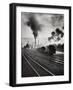 Freight Train in Front of Smoking Chimney Stacks, Nostalgia-null-Framed Photographic Print