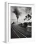 Freight Train in Front of Smoking Chimney Stacks, Nostalgia-null-Framed Photographic Print