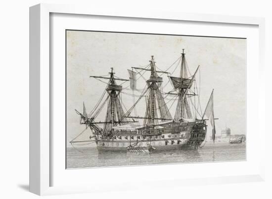 French 74-Gun Ship Moored in Harbor, by Jan Beaugean, 18th Century-null-Framed Giclee Print