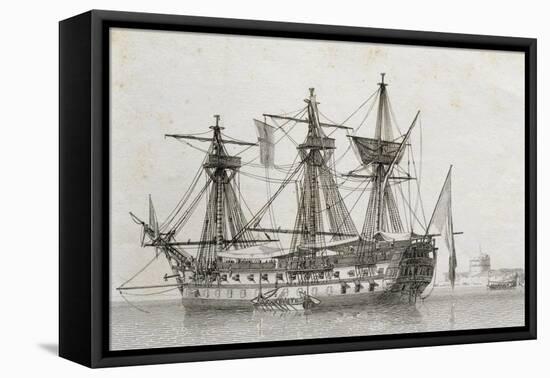 French 74-Gun Ship Moored in Harbor, by Jan Beaugean, 18th Century-null-Framed Stretched Canvas