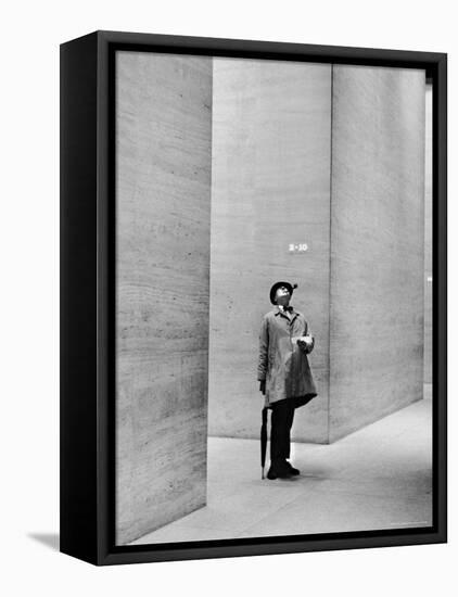French Actor Jacques Tati Looking at the High Ceiling of an Office Lobby-Yale Joel-Framed Stretched Canvas