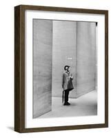 French Actor Jacques Tati Looking at the High Ceiling of an Office Lobby-Yale Joel-Framed Premium Photographic Print