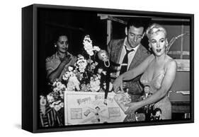 French Actor Yves Montand, American Actress Marilyn Monroe and a Birthday Cake-null-Framed Stretched Canvas