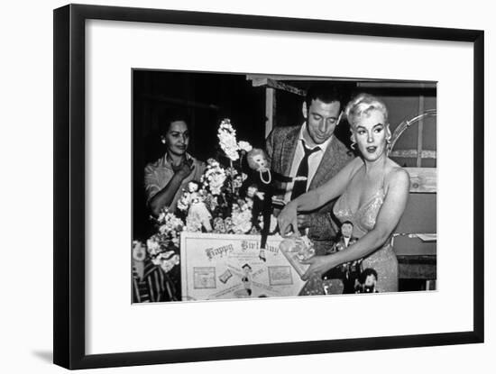 French Actor Yves Montand, American Actress Marilyn Monroe and a Birthday Cake-null-Framed Photo