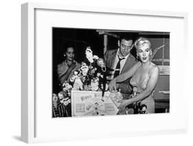 French Actor Yves Montand, American Actress Marilyn Monroe and a Birthday Cake-null-Framed Photo