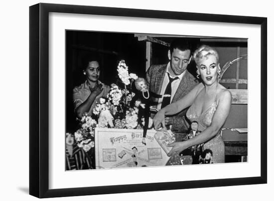 French Actor Yves Montand, American Actress Marilyn Monroe and a Birthday Cake-null-Framed Photo