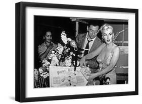 French Actor Yves Montand, American Actress Marilyn Monroe and a Birthday Cake-null-Framed Photo