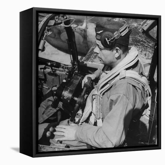 French Aviator/Author Antoine de Saint Exupery Sitting in Cockpit of Fighter Plane-John Phillips-Framed Stretched Canvas