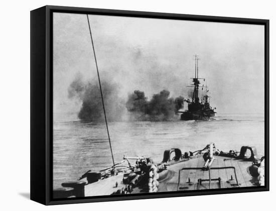 French Battleship in Action in the Dardanelles During World War I-Robert Hunt-Framed Stretched Canvas