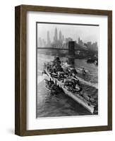 French Battleship Richelieu Passes Brooklyn Bridge-null-Framed Photographic Print