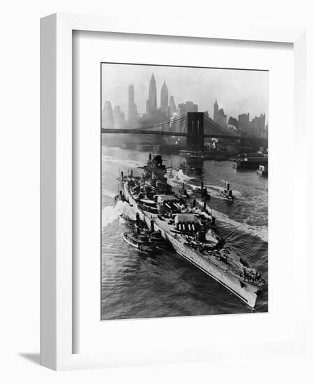 French Battleship Richelieu Passes Brooklyn Bridge-null-Framed Photographic Print