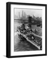 French Battleship Richelieu Passes Brooklyn Bridge-null-Framed Photographic Print