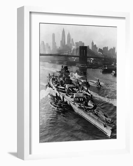 French Battleship Richelieu Passes Brooklyn Bridge-null-Framed Photographic Print