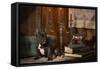 French Bulldog Next to Bronze of Dog and Candlesticks-null-Framed Stretched Canvas