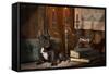 French Bulldog Next to Bronze of Dog and Candlesticks-null-Framed Stretched Canvas