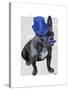 French Bulldog with Blue Top Hat and Moustache-Fab Funky-Stretched Canvas