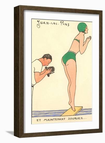 French Cartoon of Diving Lady, Now Smile-null-Framed Art Print