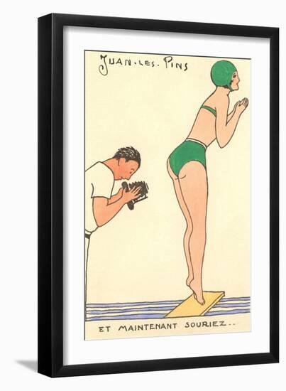 French Cartoon of Diving Lady, Now Smile-null-Framed Art Print