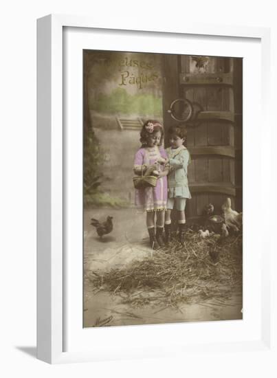 French Easter Card, Showing Children Finding Eggs-null-Framed Photographic Print