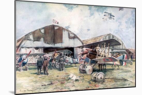 French Fighter Squadron Aerodrome, 1918-Francois Flameng-Mounted Giclee Print