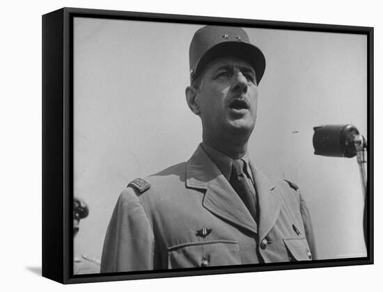 French Gen. Charles de Gaulle Speaking Into Mike During His Visit with Us Officials-George Skadding-Framed Stretched Canvas