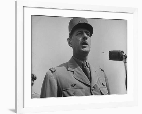 French Gen. Charles de Gaulle Speaking Into Mike During His Visit with Us Officials-George Skadding-Framed Premium Photographic Print