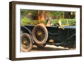 French Girl and Dog in Car-null-Framed Art Print