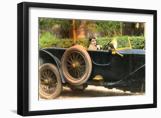 French Girl and Dog in Car-null-Framed Art Print