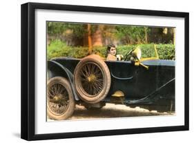 French Girl and Dog in Car-null-Framed Art Print