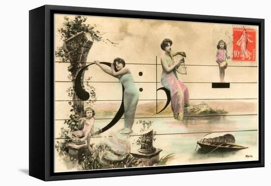 French Ladies and Girl on Musical Staff-null-Framed Stretched Canvas