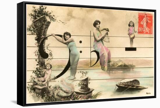 French Ladies and Girl on Musical Staff-null-Framed Stretched Canvas