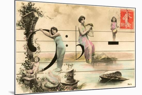 French Ladies and Girl on Musical Staff-null-Mounted Premium Giclee Print