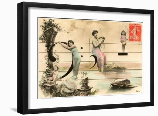 French Ladies and Girl on Musical Staff-null-Framed Art Print