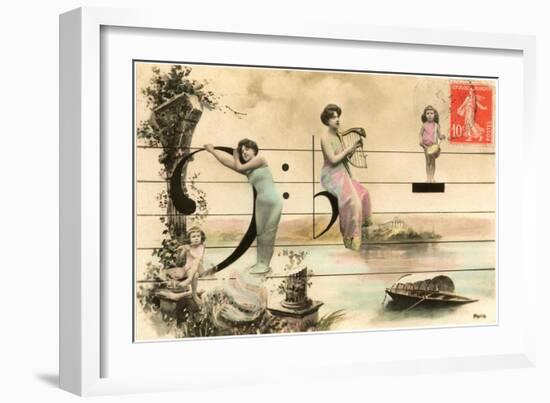 French Ladies and Girl on Musical Staff-null-Framed Art Print