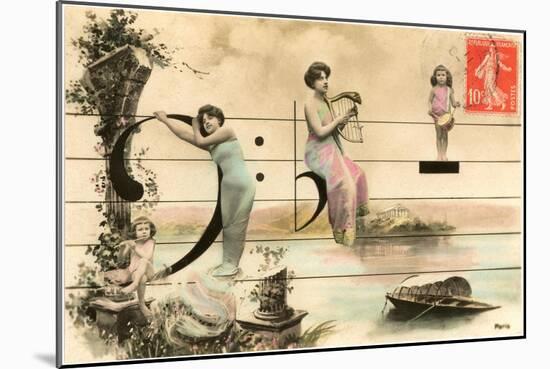 French Ladies and Girl on Musical Staff-null-Mounted Art Print