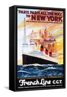 French Line - Paris to New York - Vintage Poster-Lantern Press-Framed Stretched Canvas