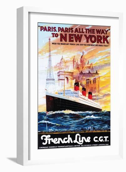 French Line - Paris to New York - Vintage Poster-Lantern Press-Framed Art Print