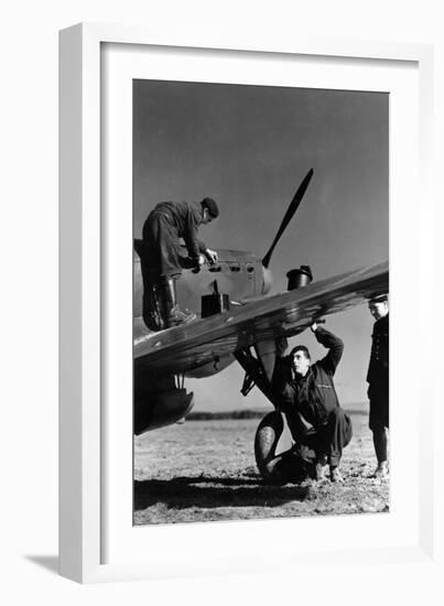 French Mechanics Overhauling a Fighter Plane-null-Framed Giclee Print