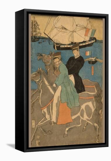 French Men Taking Horse Ride on Sunday in Yokohama (Yokohama Kyu?Jitsu Furansujin Uma Yu?Ko?)-Sadahide Utagawa-Framed Stretched Canvas
