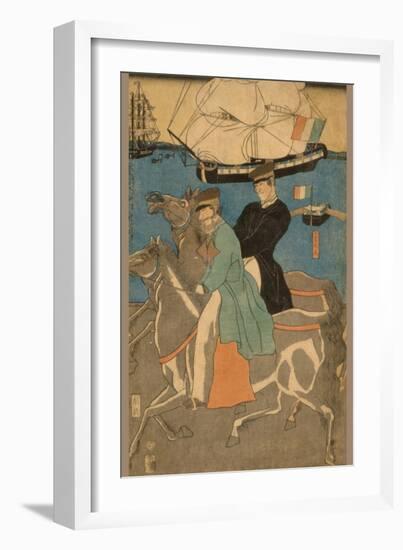 French Men Taking Horse Ride on Sunday in Yokohama (Yokohama Kyu?Jitsu Furansujin Uma Yu?Ko?)-Sadahide Utagawa-Framed Art Print