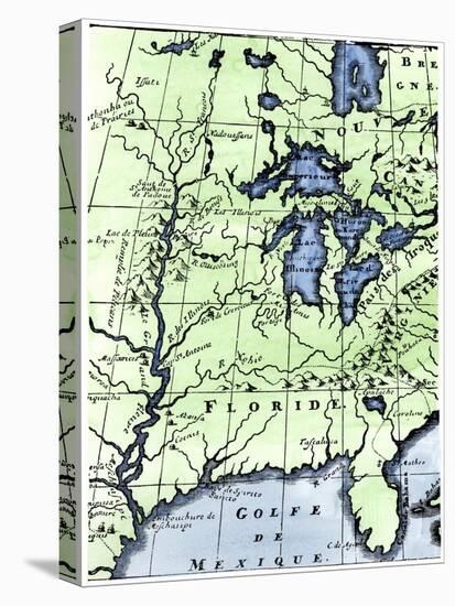 French Missionary Louis Hennepin's Map of the Mississippi River Valley and Other Areas, c.1697-null-Stretched Canvas