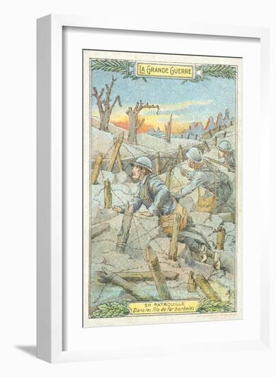 French Patrol Among the Barbed Wire, World War I-null-Framed Giclee Print