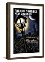 French Quarter - New Orleans, Louisiana - Bourbon Street - Scratchboard-Lantern Press-Framed Art Print