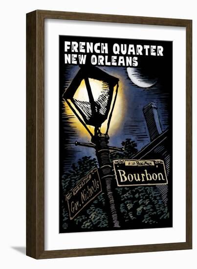 French Quarter - New Orleans, Louisiana - Bourbon Street - Scratchboard-Lantern Press-Framed Art Print