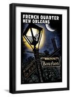 French Quarter - New Orleans, Louisiana - Bourbon Street - Scratchboard-Lantern Press-Framed Art Print